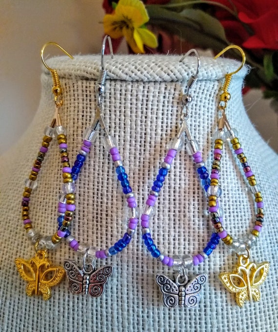 Glass Seed Bead Teardrop Hoop Earrings with either Gold Plated or Silver Butterfly Charms