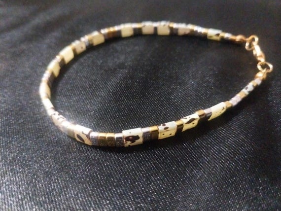 Green and Black Tila Beaded Bracelet with Gold and Silver Plated Half Beads