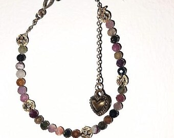 Watermelon Tourmaline Beaded Bracelet with Gold Plated and Filled extension Chain, Charms with Lobster Claw Clasp