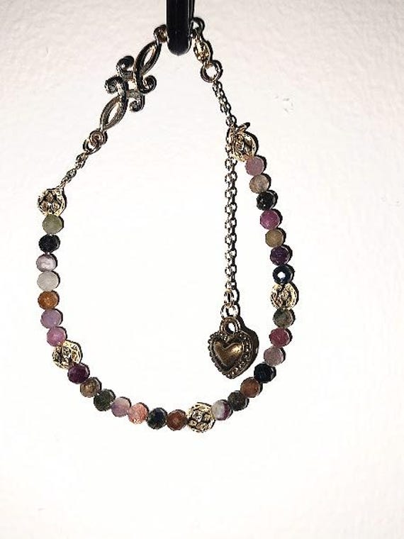 Watermelon Tourmaline Beaded Bracelet with Gold Plated and Filled extension Chain, Charms with Lobster Claw Clasp