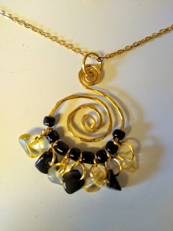 Citrine and Black Obsidian with Glass Beaded Hammered Pendant on Gold Plated Chain