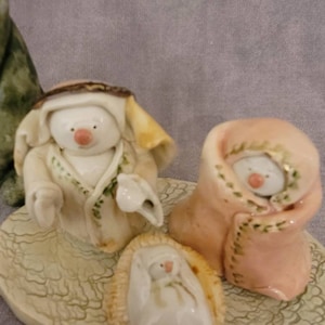 Handmade Miniature Clay Snowman Nativity Scene with Tree