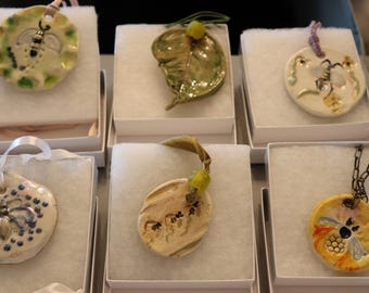 hand sculpted porcelain ,bee, leaf jewelry