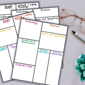 May include: A collection of white note cards with gray borders, featuring handwritten titles in various colors. Titles include "generic name," "therapeutic uses," and "disease." A pen, glasses, and a small succulent are also visible.