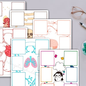 May include: Set of printable human body system worksheets. Each page features a different system, including the nervous, circulatory, skeletal, respiratory, and digestive systems. The worksheets include blank boxes for students to write notes and draw diagrams.