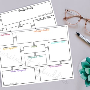May include: Two printable nursing study sheets with a black and white outline. The sheets are divided into sections with headings such as "Risk Factors", "Signs & Symptoms", "Disease", "Pathology & Etiology", "Diagnostics/Labs", "Treatments/Meds", "Nursing Management", and "Patient Education".