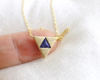 Gold Triangle with Navy Stone Necklace, Dainty Necklace, Triangle Necklace,Bridesmaid Gift, Birthday Gift-5051