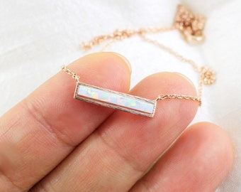 Rose Gold Framed Opal Stone Bar Necklace, Rose Gold Bar Necklace,Bridesmaid Gift,Gemstone Necklace,Birthday Gift, Opal Necklace