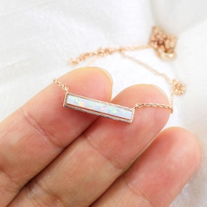 Rose Gold Framed Opal Stone Bar Necklace, Rose Gold Bar Necklace,Bridesmaid Gift,Gemstone Necklace,Birthday Gift, Opal Necklace