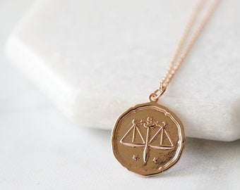 Rose Gold Libra Sign Coin Necklace, Zodiac Sign Jewelry,Celestial Jewelry, Constellation Necklace ,October  Birthday Gift,Bridesmaid Gift