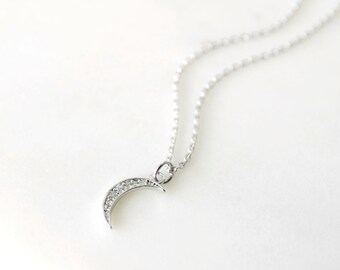 Silver CZ Stone Crescent Moon Necklace, Dainty Necklace, Moon Necklace,Birthday Gift, Bridesmaid Gift, Best Friend Gift