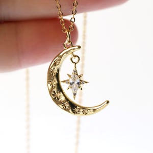 Gold Moon & Crystal Star Necklace: Celestial Pendant Jewelry