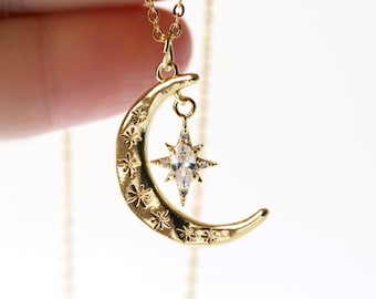 Gold Moon & Crystal Star Necklace: Celestial Pendant Jewelry