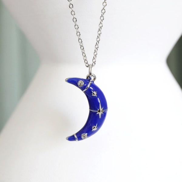 Blue Moon Necklace, Silver Color Chain Moon Pendant Necklace, Moon Necklace, Birthday Gift, Celestial Necklace