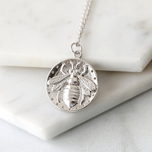 Bee Coin Necklace,Silver Bee Pendant Necklace, Bee Necklace,Graduation Gift, Birthday Gift,Mothers Day Gift-JU2