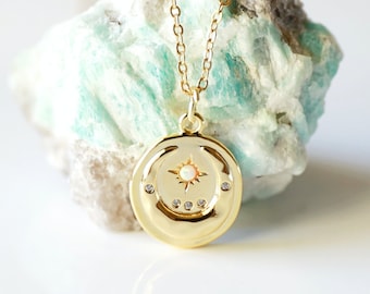 Moon Necklace, Moon and Star Oval Charm Necklace, Gold Moon Necklace, Celestial Necklace,Birthday Gift