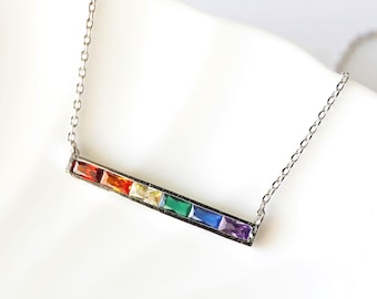 Rainbow Cubic Zirconia Bar Necklace: Gold Plated Layered Jewelry