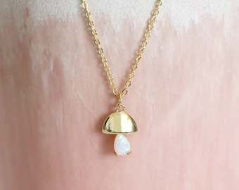 Mushroom Necklace Dainty  Gold Mushroon with Opal Stone Pendant Necklace Birthday Gift Opal Stone Necklace