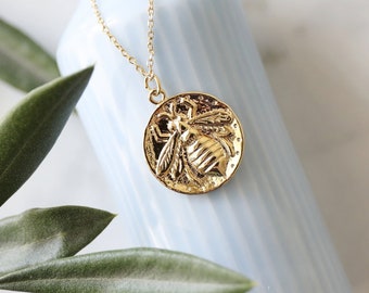 Bee Coin Necklace, Gold Bee Pendant Necklace, Bee Necklace,Graduation Gift, Birthday Gift,Mothers Day Gift-JU9