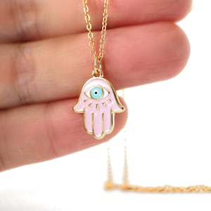 Pink Emaille Hamsa Halskette: Gold Anhänger Evil Eye