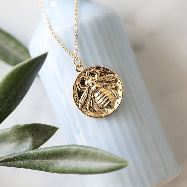 Bee Coin Necklace, Gold Bee Pendant Necklace, Bee Necklace,Graduation Gift, Birthday Gift,Mothers Day Gift-JU9