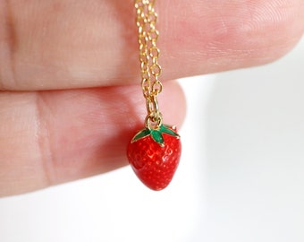 Strawberry Necklace, Tiny Strawberry Charm Necklace, Fruit Charm Necklace,Birthday Gift