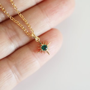 Emerald Green CZ Starburst Necklace: Gold Plated Dainty Charm