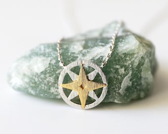 Two-Tone Silver and Gold Compass Necklace: Dainty Travel Jewelry