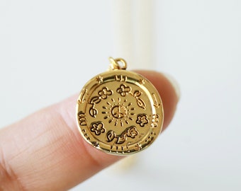Gold Peace Coin Pendant Necklace, Floral Peace Sign