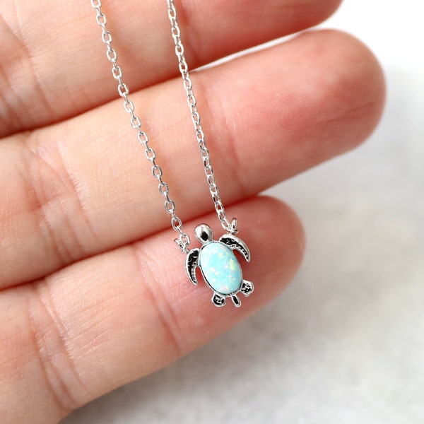 Dainty Silver Turtle With Opal Stone Necklace, Dainty Necklace, Sea Turtle Necklace,Birthday Gift, Graduation Gift,Turtle Necklace - 1081