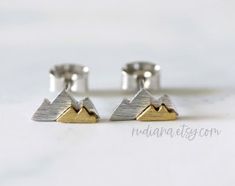 Two-Tone Mountain Stud Earrings: Silver & Gold Plated Brass