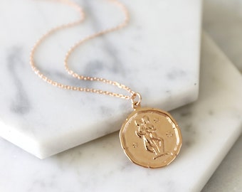 Rose Gold Gemini Coin Necklace: Celestial Zodiac Jewelry