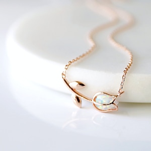 Tulip Necklace, Opal Stone Rose Gold Tulip Necklace,  Flower Necklace,Birthday Gift,Graduation Gift, Layered Necklace