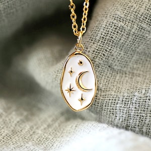 Gold Plated Moon and Star Necklace: Celestial Enamel Charm