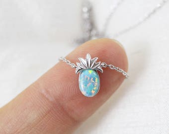 Silver Pineapple with Blue Opal Stone Necklace, Dainty Pineapple Necklace, Gift for Best Friends,Bridesmaid Gift,Birthday Gift,5094