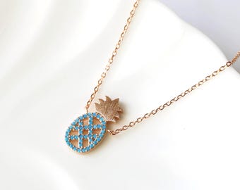 Rose Gold Pineapple Necklace: Turquoise Accent Charm, 16" Chain