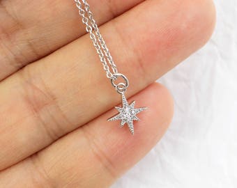 Super Tiny Silver North Star Charm Necklace, Silver Star Necklace,Bridesmaid Gift,Birthday Gift,Star Necklace-JU7