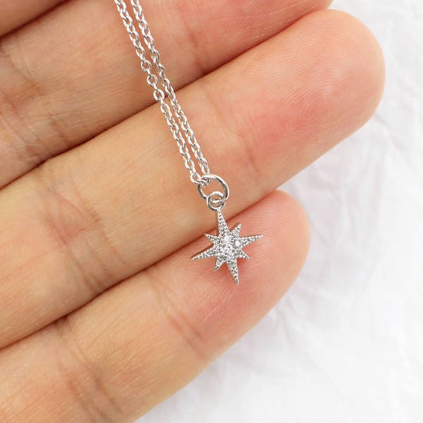 Super Tiny Silver North Star Charm Necklace, Silver Star Necklace,Bridesmaid Gift,Birthday Gift,Star Necklace-JU7