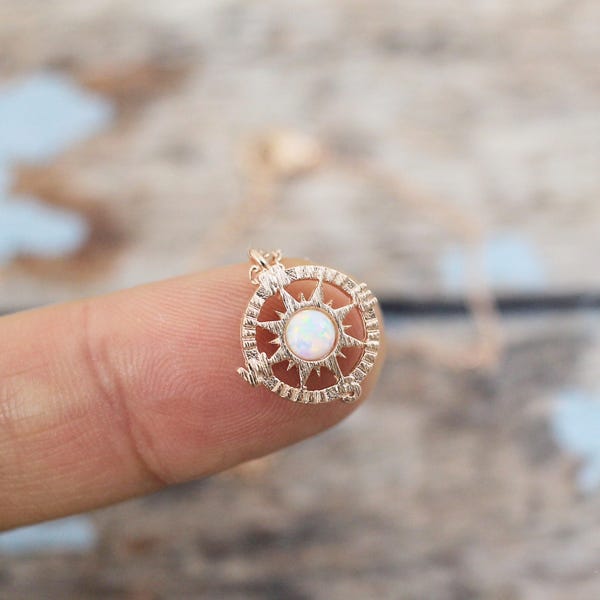 Rose Gold Compass with Opal Stone Charm Necklace, Rose Gold Necklace, Compass Necklace, Minimalist Necklace,Bridesmaid Gift,5088