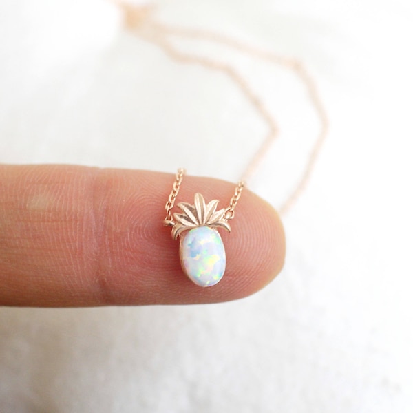Rose Gold Pineapple Necklace, Opal Stone Charm, Dainty Jewelry