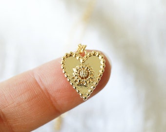 Heart Necklace, Dainty Gold Heart Necklace, Sunflower Necklace, Layered Necklace