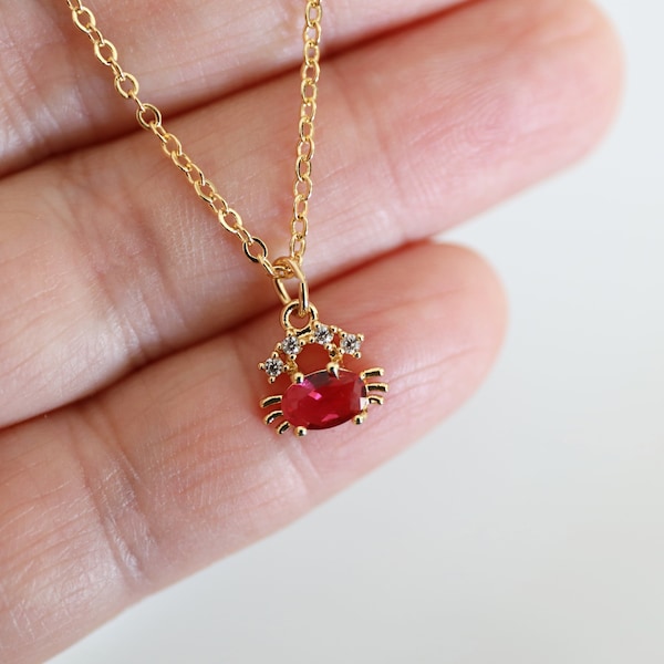 Tiny Crab Necklace, Ruby Stone Crab Charm Necklace, July BirthStone, Bridesmaid Gift, Birthday Gift, Beach Wedding, Zodiac Cancer