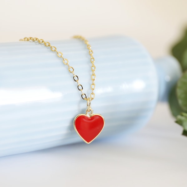 Red Heart Necklace, Dainty Enamel Red Heart Necklace,Bridesmaid Gift, Flower Girl Necklace,Birthday Gift, Mothers Day Gift