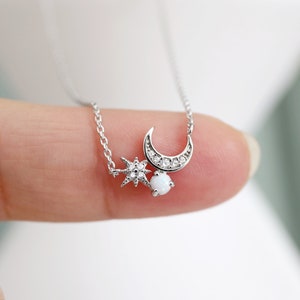 Moon and Star Necklace, Silver Moon and Star with Opal Stone Necklace,Star Necklace,Moon Necklace, Birthday Gift
