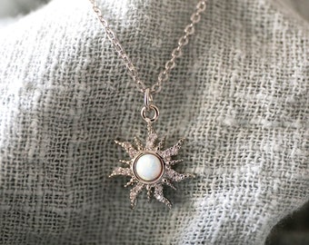 Sun Necklace, Silver Color Sun with Opal Stone Necklace, Dainty Sunburst Necklace, Bridesmaid Gift, Birthday Gift,Graduation Gift