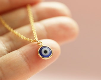 Dainty Blue Evil Eye Necklace: Gold Plated Charm