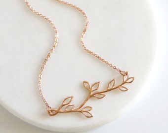 Rose Gold Branch Necklace, Rose Gold Branch with Leaves Necklace, Tree Necklace, Birthday Gift