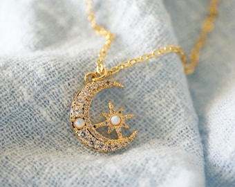 Moon and Star Necklace, Dainty Cubic and Opal Stone Gold Crescent Moon Charm Necklace,Gold Moon Necklace,Birthday Gift,