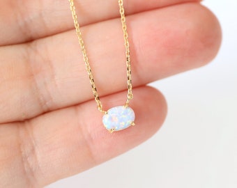 Tiny Opal Stone Gold Necklace, Dainty Opal Stone Necklace,Bridesmaid Gift,Birthday Gift - 6064