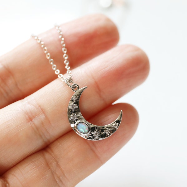 Opal Stone Moon Pendant Necklace: Gold or Silver Celestial Jewelry